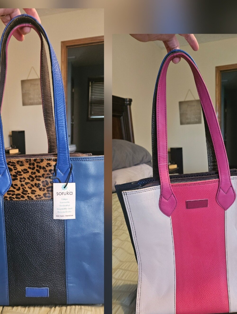 1 Purse 2 Sides. 1 Side Pink, 1 Side Blue. 100% Leather